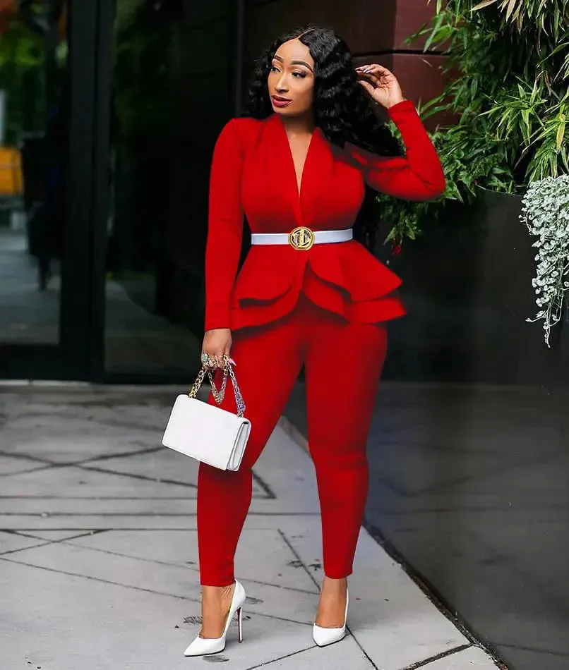 Women's Full Sleeve Ruffles Blazers Pencil Pants Suit Set – Two Piece Fall Season Lady's Outfit