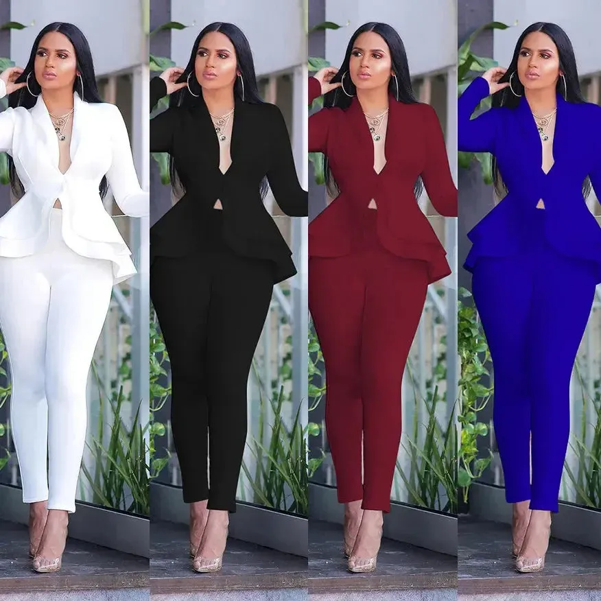 Women's Full Sleeve Ruffles Blazers Pencil Pants Suit Set – Two Piece Fall Season Lady's Outfit