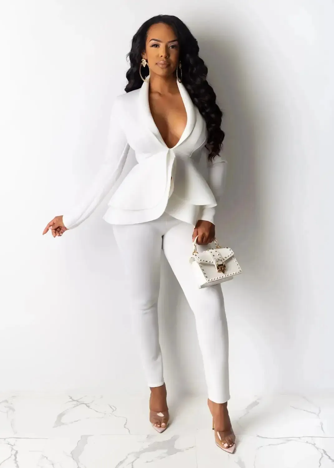 Women's Full Sleeve Ruffles Blazers Pencil Pants Suit Set – Two Piece Fall Season Lady's Outfit