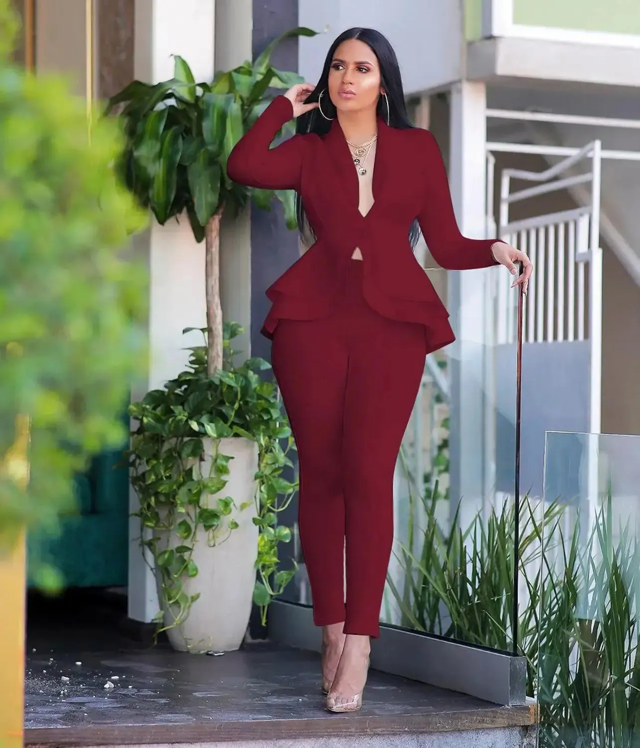 Women's Full Sleeve Ruffles Blazers Pencil Pants Suit Set – Two Piece Fall Season Lady's Outfit