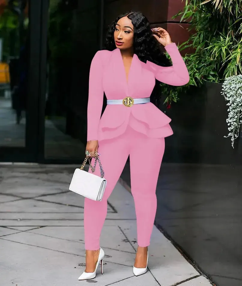 Women's Full Sleeve Ruffles Blazers Pencil Pants Suit Set – Two Piece Fall Season Lady's Outfit